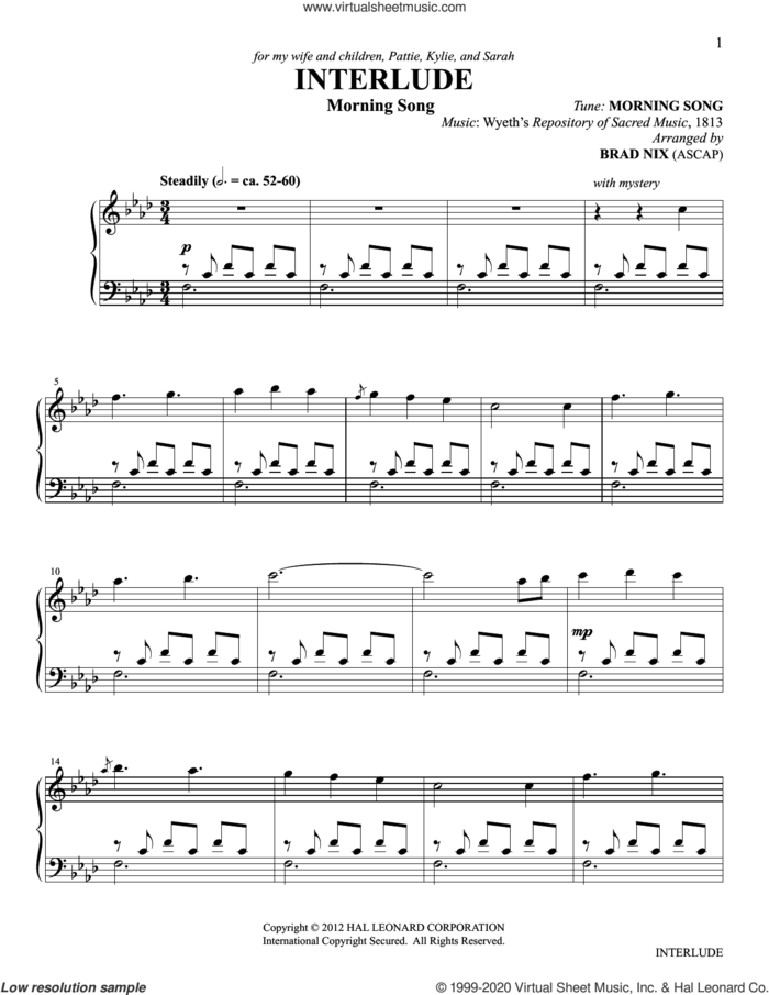 Interlude (arr. Brad Nix) sheet music for piano solo by Wyeth's Repository of Sacred and Brad Nix, intermediate skill level