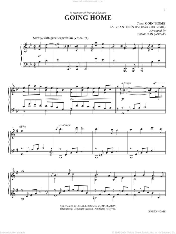 Going Home (arr. Brad Nix) sheet music for piano solo by Antonin Dvorak and Brad Nix, intermediate skill level
