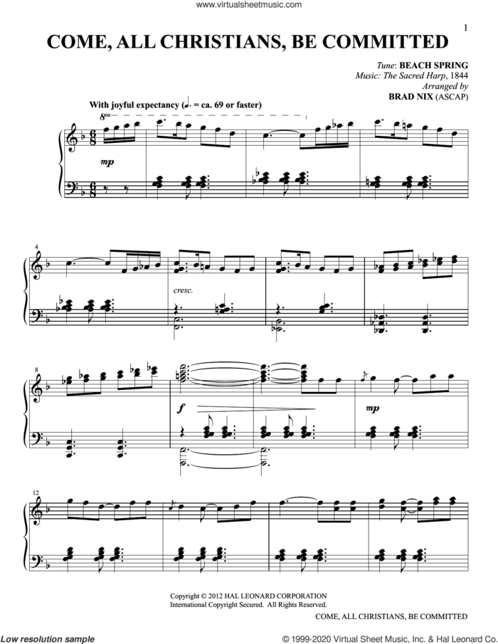 Come, All Christians, Be Committed (arr. Brad Nix) sheet music for piano solo by Beach Spring from Sacred Harp and Brad Nix, intermediate skill level