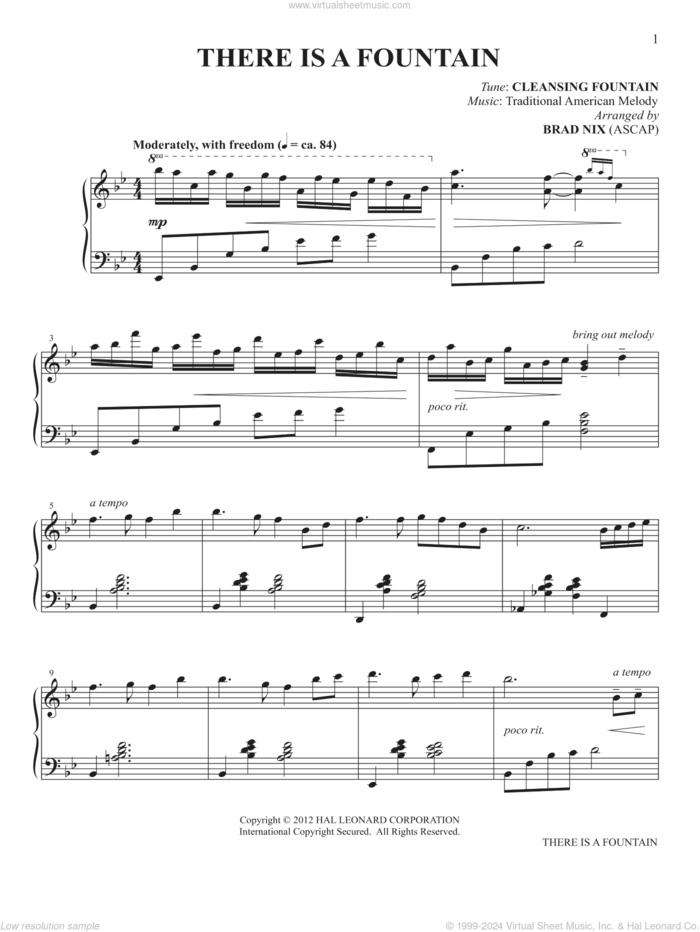 There Is A Fountain (arr. Brad Nix) sheet music for piano solo by Lowell Mason, Brad Nix, Miscellaneous and William Cowper, intermediate skill level