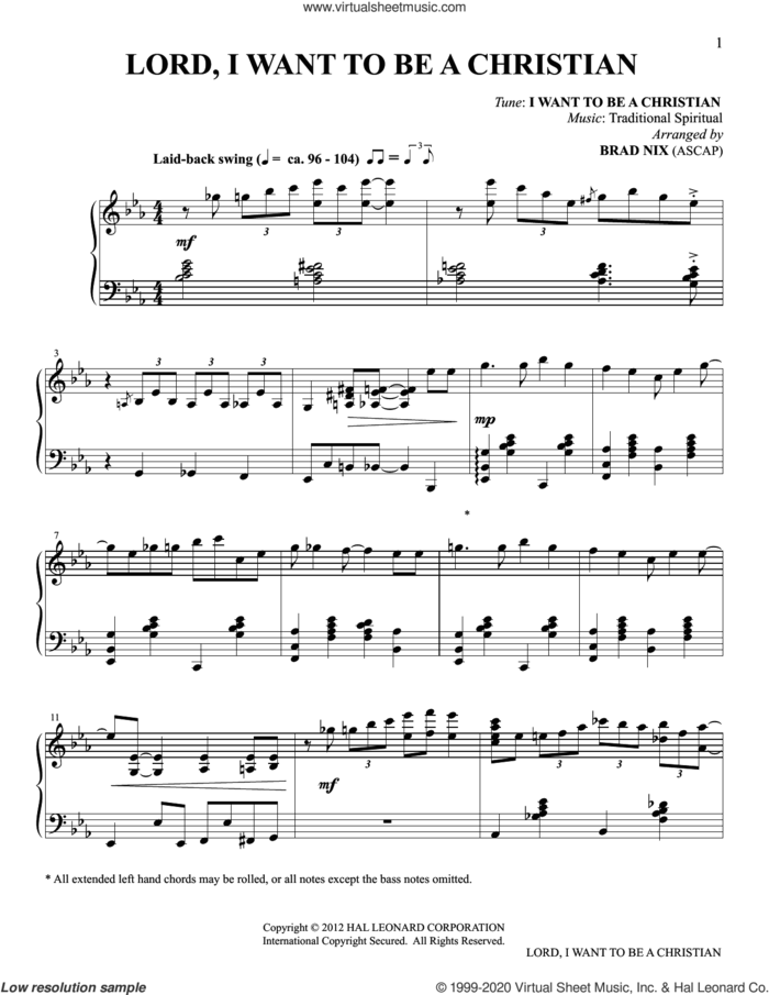 Lord, I Want To Be A Christian (arr. Brad Nix) sheet music for piano solo  and Brad Nix, intermediate skill level
