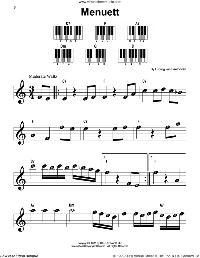 Menuett sheet music for piano solo by Ludwig van Beethoven, classical score, beginner skill level