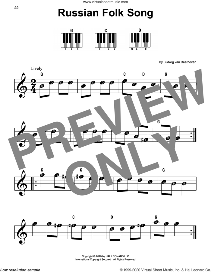 Russian Folk Song sheet music for piano solo by Ludwig van Beethoven, classical score, beginner skill level