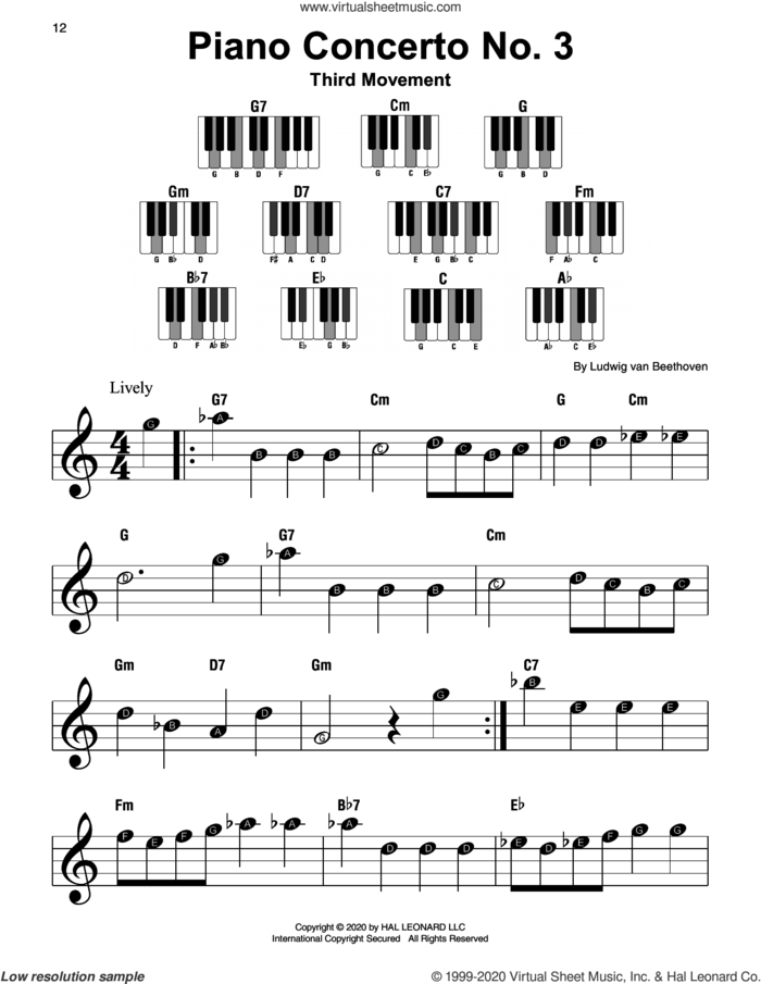 Piano Concerto No. 3, 3rd Movement sheet music for piano solo by Ludwig van Beethoven, classical score, beginner skill level