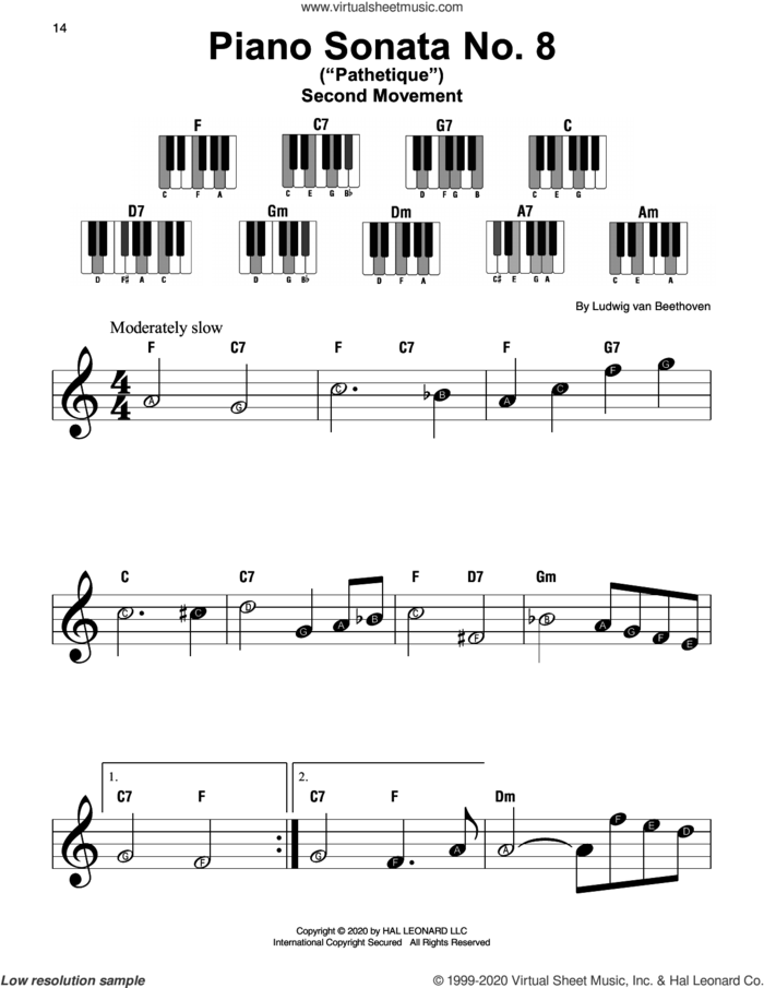 Piano Sonata No. 8 'Pathetique,' Second Movement sheet music for piano solo by Ludwig van Beethoven, classical score, beginner skill level