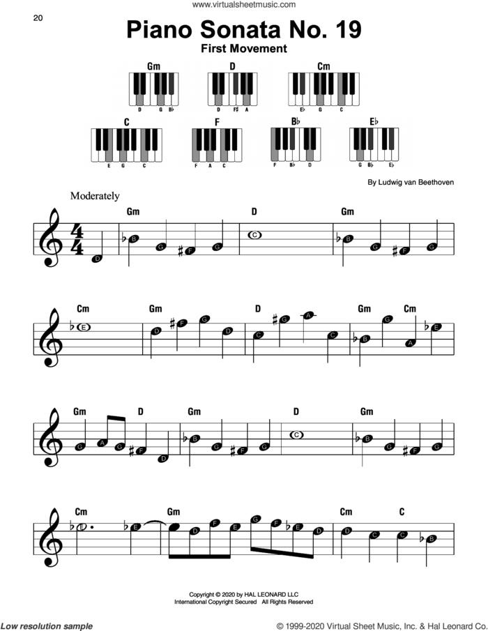 Piano Sonata No. 19, First Movement sheet music for piano solo by Ludwig van Beethoven, classical score, beginner skill level