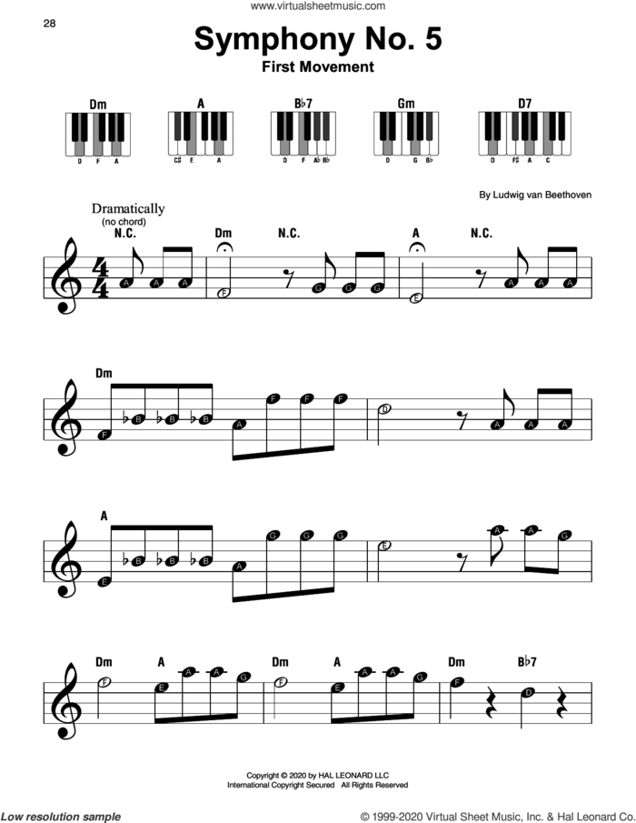 Symphony No. 5 In C Minor, First Movement Excerpt sheet music for piano solo by Ludwig van Beethoven, classical score, beginner skill level