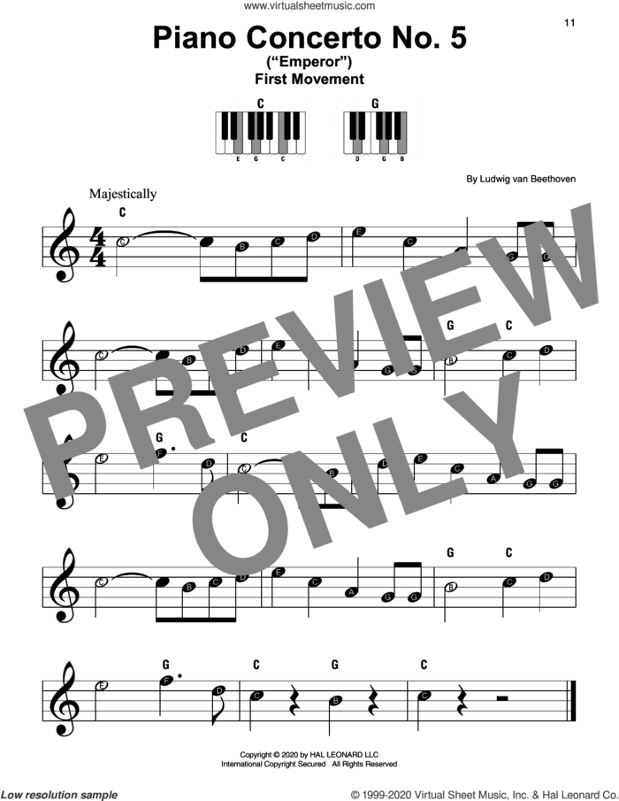 Piano Concerto No. 5 In E-flat Major ('Emperor') sheet music for piano solo by Ludwig van Beethoven, classical score, beginner skill level