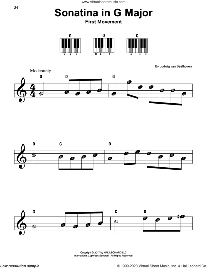 Sonatina In G Major sheet music for piano solo by Ludwig van Beethoven, classical score, beginner skill level