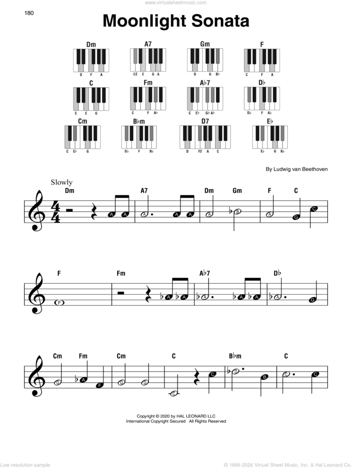 Piano Sonata No. 14 In C# Minor ('Moonlight') Op. 27, No. 2, First Movement Theme sheet music for piano solo by Ludwig van Beethoven, classical score, beginner skill level