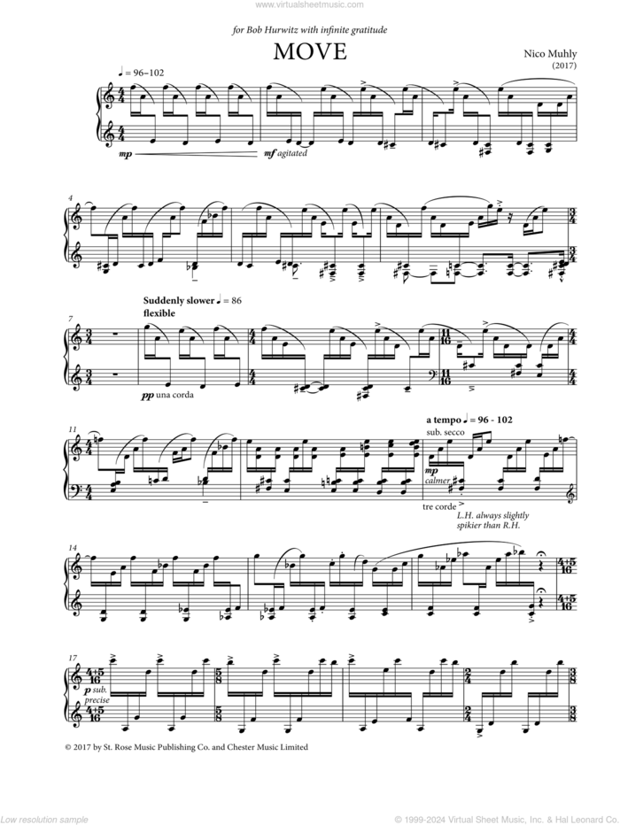 Move sheet music for piano solo by Nico Muhly, classical score, intermediate skill level