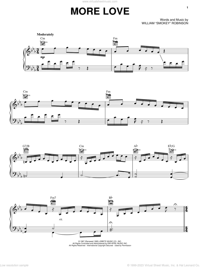 More Love sheet music for voice, piano or guitar by Smokey Robinson & The Miracles, intermediate skill level