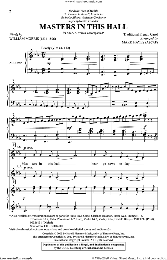Masters In This Hall (arr. Mark Hayes) sheet music for choir (SSAA: soprano, alto) by William Morris, Mark Hayes and Miscellaneous, intermediate skill level