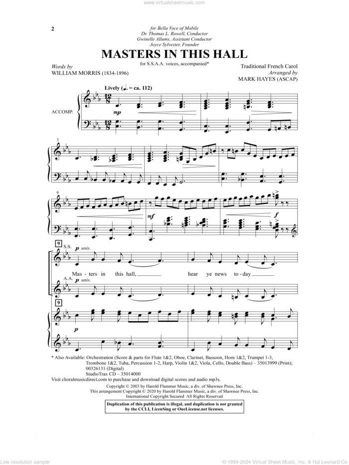 Masters In This Hall (arr. Mark Hayes) sheet music for choir (SSAA: soprano, alto) by William Morris, Mark Hayes and Miscellaneous, intermediate skill level