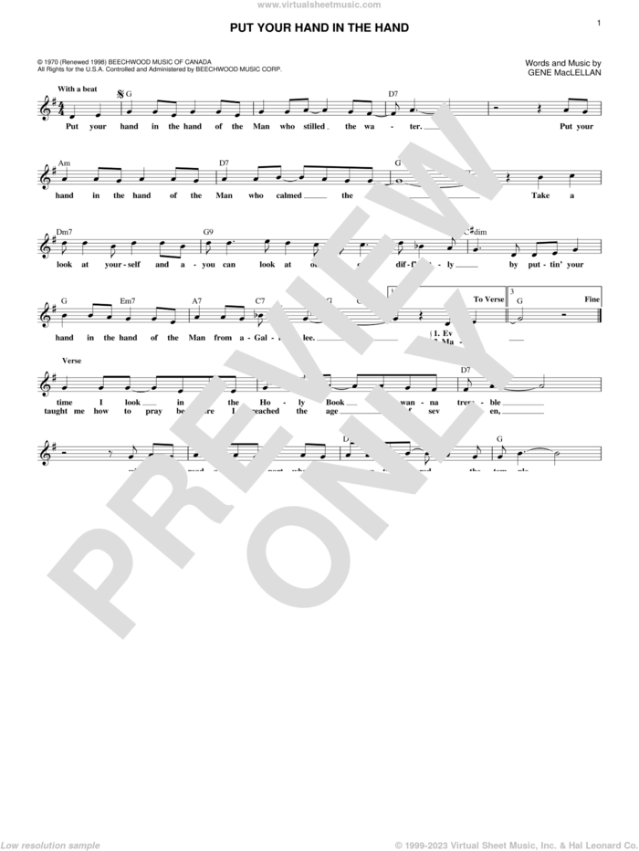 Put Your Hand In The Hand sheet music for voice and other instruments (fake book) by Gene MacLellan and MacLellan and Ocean, intermediate skill level