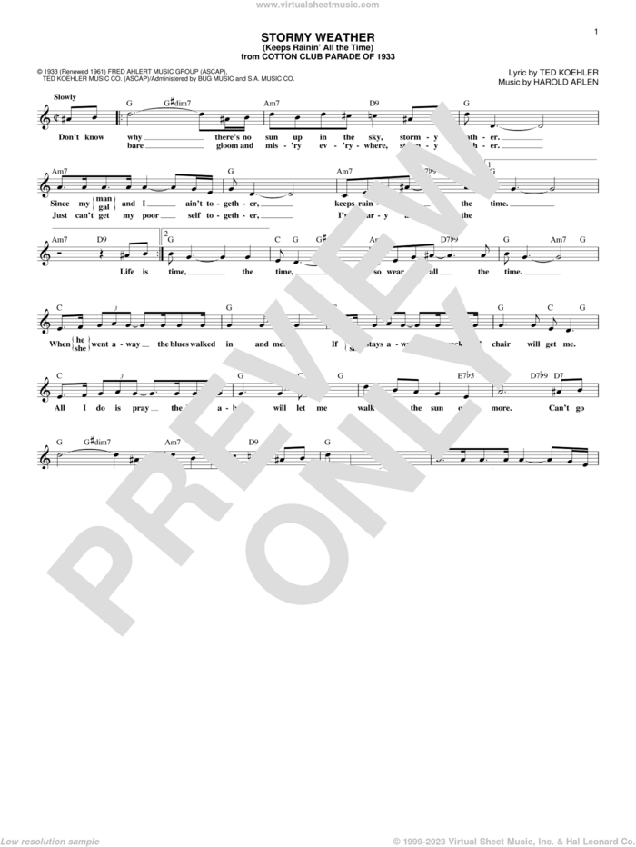 Stormy Weather (Keeps Rainin' All The Time) sheet music for voice and other instruments (fake book) by Harold Arlen, Harold Arlen and Ted Koehler and Ted Koehler, intermediate skill level