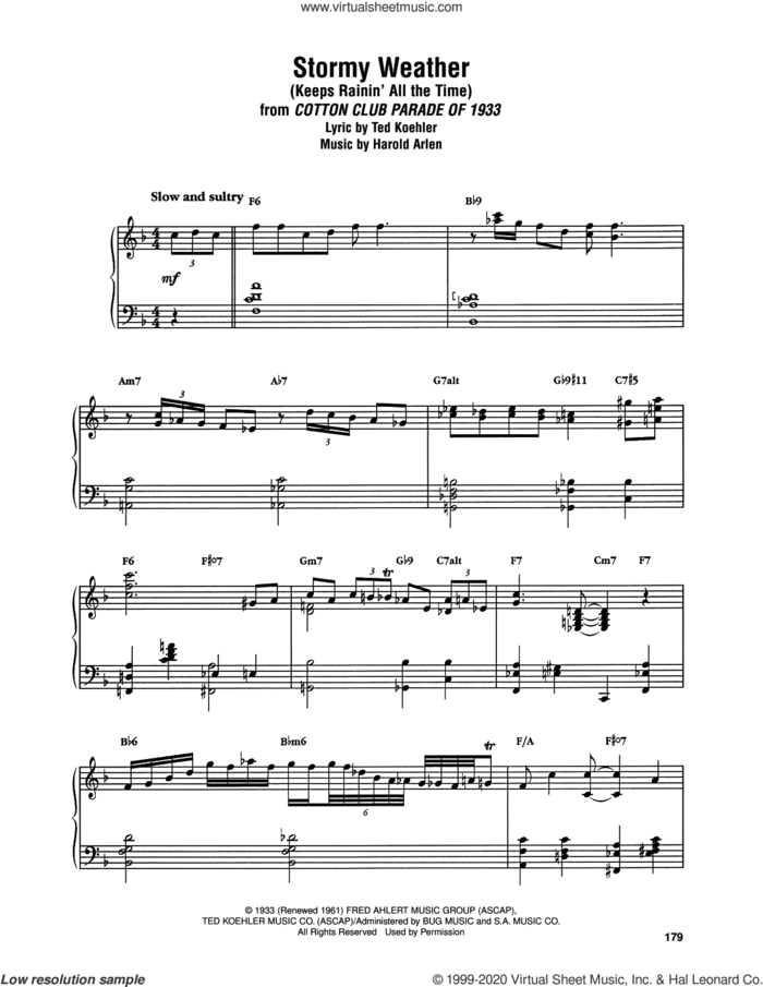 Stormy Weather (Keeps Rainin' All The Time) sheet music for keyboard or piano by Art Tatum, Harold Arlen and Ted Koehler, intermediate skill level