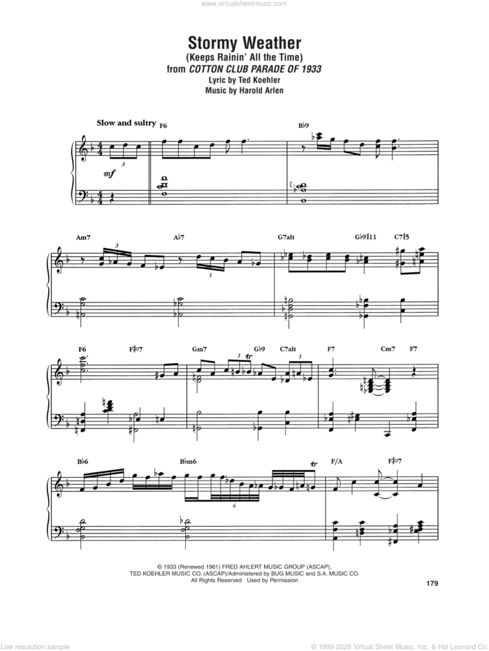 Stormy Weather (Keeps Rainin' All The Time) sheet music for keyboard or piano by Art Tatum, Harold Arlen and Ted Koehler, intermediate skill level