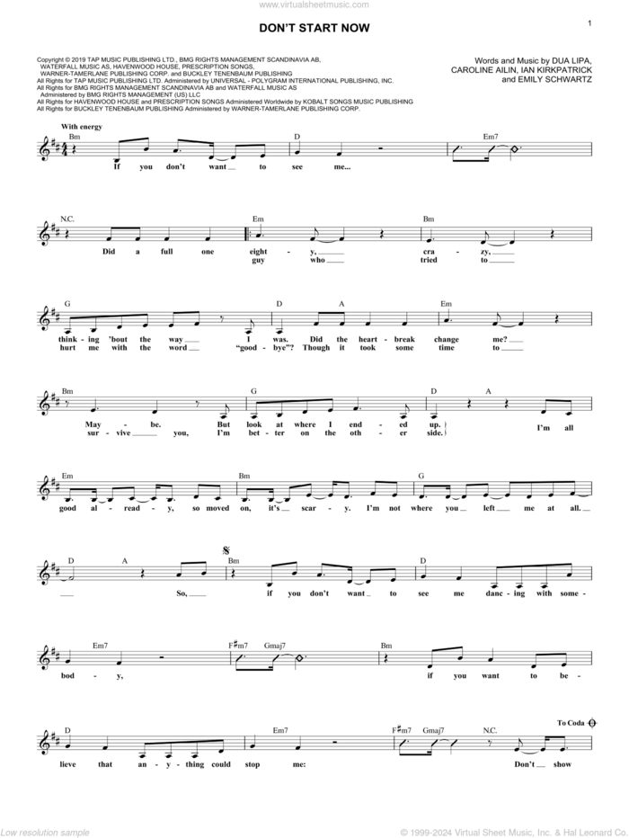 Don't Start Now sheet music for voice and other instruments (fake book) by Dua Lipa, Caroline Ailin, Emily Schwartz and Ian Kirkpatrick, intermediate skill level