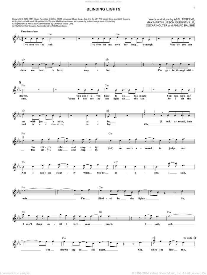 Blinding Lights sheet music for voice and other instruments (fake book) by The Weeknd, Abel Tesfaye, Ahmad Balshe, Jason Quenneville, Max Martin and Oscar Holter, intermediate skill level
