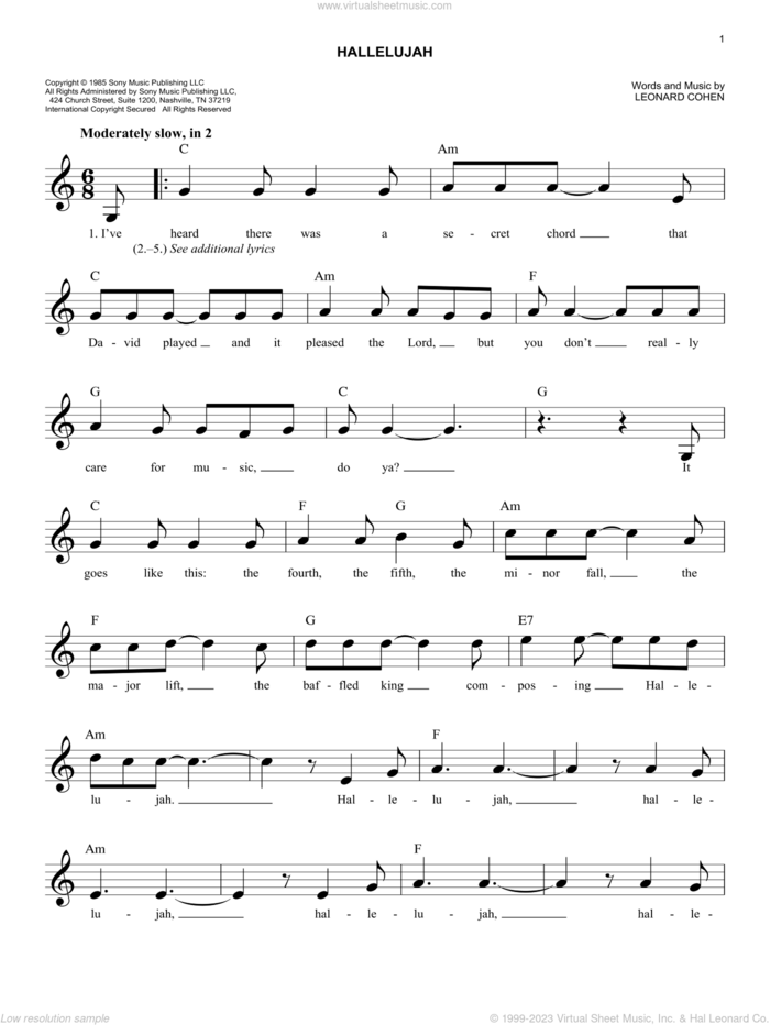 Hallelujah sheet music for voice and other instruments (fake book) by Leonard Cohen, easy skill level