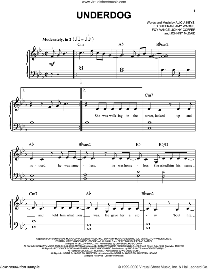 Underdog, (easy) sheet music for piano solo by Alicia Keys, Amy Wadge, Ed Sheeran, Foy Vance, Johnny McDaid and Jonny Coffer, easy skill level