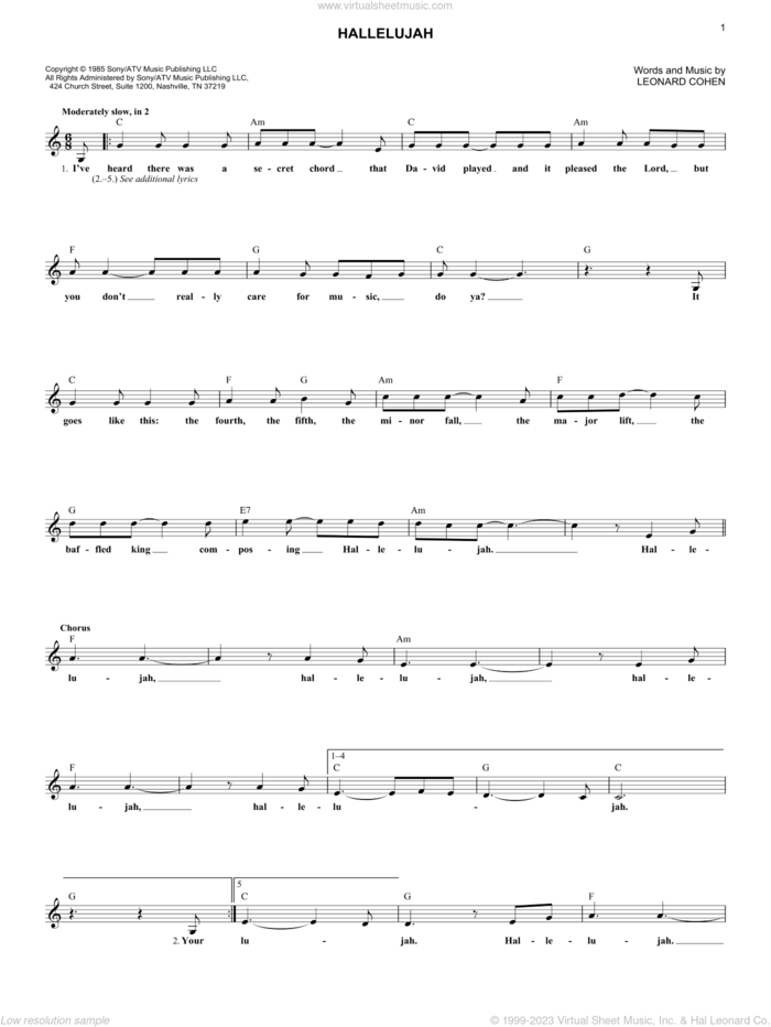 Hallelujah sheet music for voice and other instruments (fake book) by Leonard Cohen, intermediate skill level