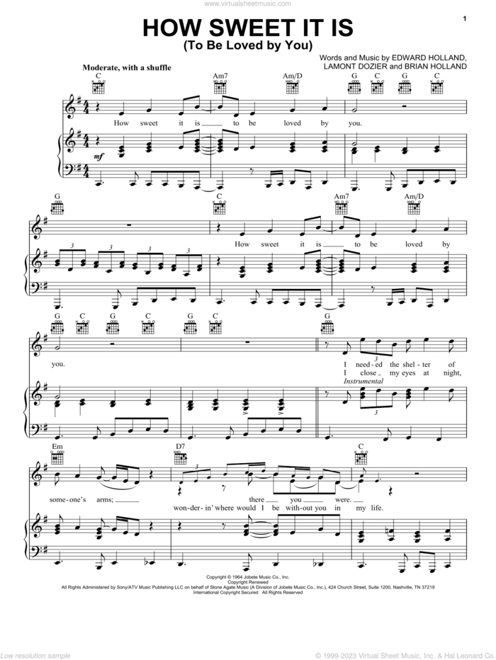 How Sweet It Is (To Be Loved By You) sheet music for voice, piano or guitar by Marvin Gaye, James Taylor, Brian Holland, Eddie Holland and Lamont Dozier, intermediate skill level