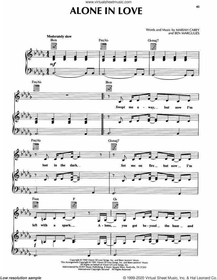 Alone In Love sheet music for voice, piano or guitar by Mariah Carey and Ben Margulies, intermediate skill level