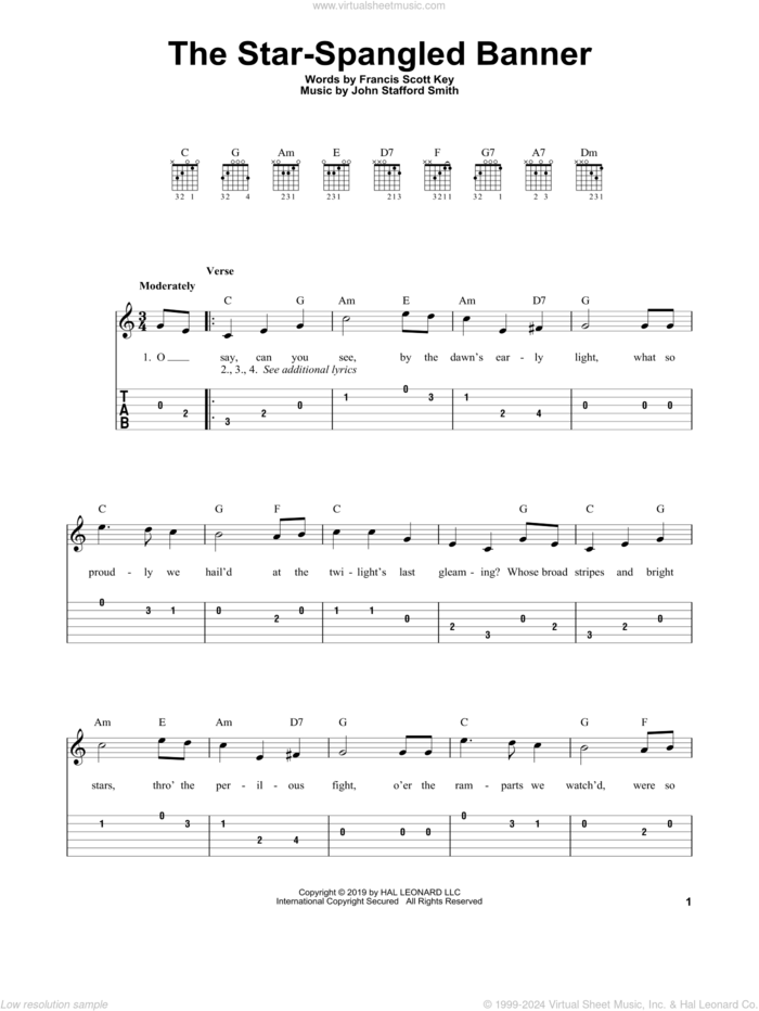 The Star-Spangled Banner sheet music for guitar solo (easy tablature) by John Stafford Smith and Francis Scott Key, easy guitar (easy tablature)