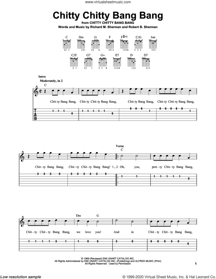 Chitty Chitty Bang Bang sheet music for guitar solo (easy tablature) by Richard M. Sherman, Robert B. Sherman and Sherman Brothers, easy guitar (easy tablature)