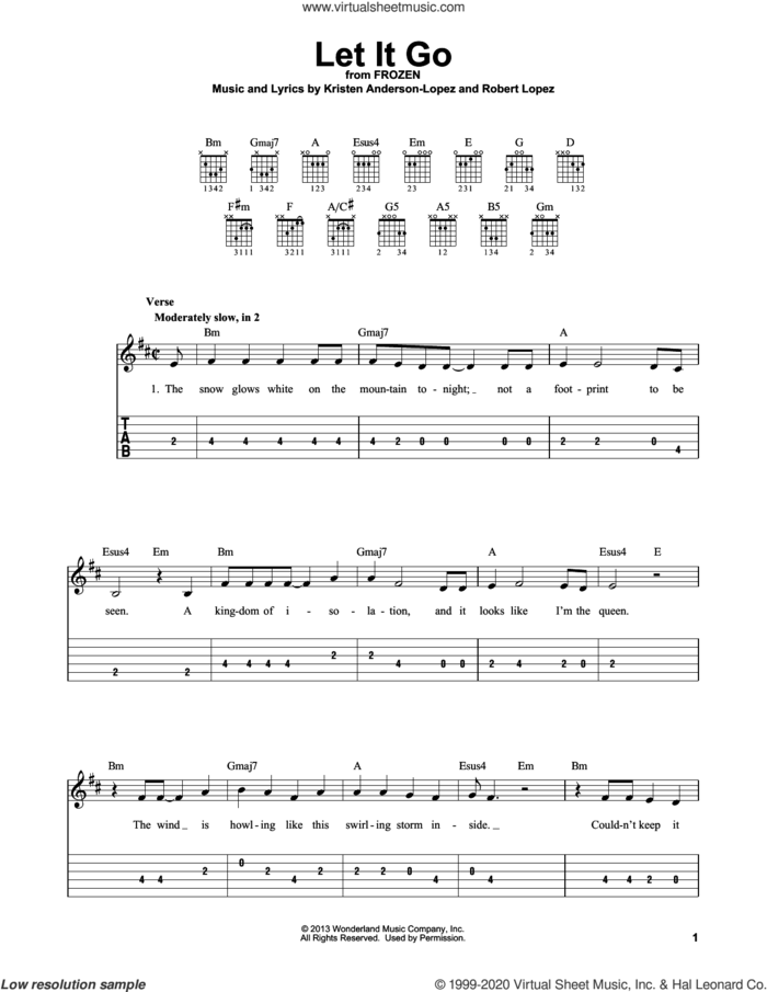 Let It Go (from Frozen) sheet music for guitar solo (easy tablature) by Idina Menzel, Kristen Anderson-Lopez and Robert Lopez, easy guitar (easy tablature)