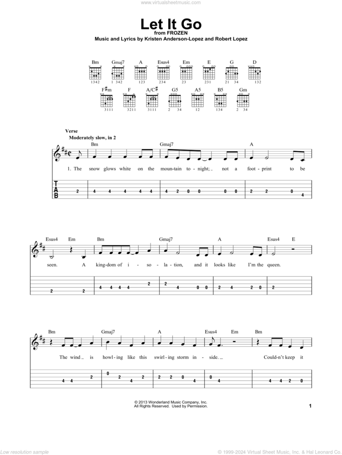 Let It Go (from Frozen) sheet music for guitar solo (easy tablature) by Idina Menzel, Kristen Anderson-Lopez and Robert Lopez, easy guitar (easy tablature)