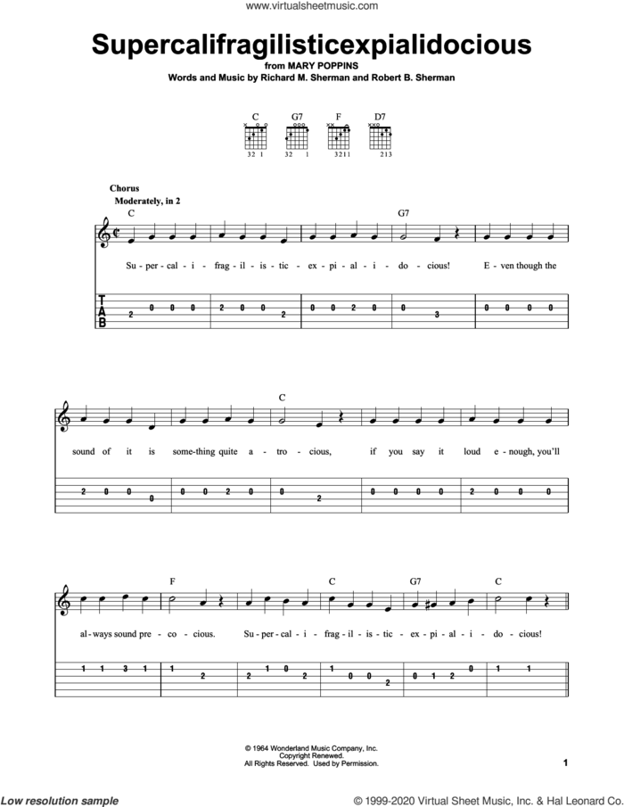 Supercalifragilisticexpialidocious (from Mary Poppins) sheet music for guitar solo (easy tablature) by Julie Andrews, Richard M. Sherman, Robert B. Sherman and Sherman Brothers, easy guitar (easy tablature)