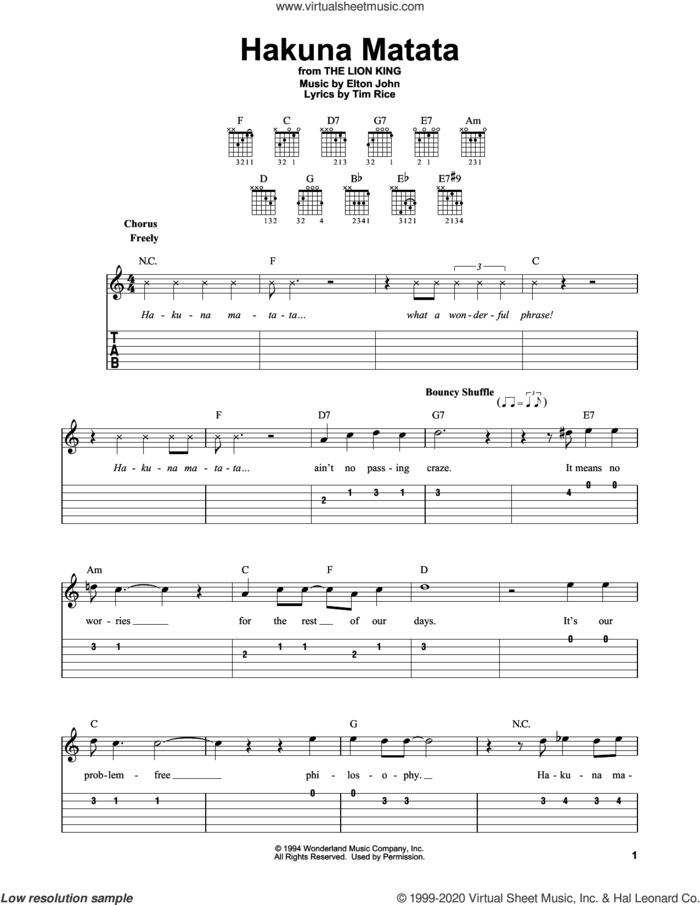 Hakuna Matata (from The Lion King) sheet music for guitar solo (easy tablature) by Elton John and Tim Rice, easy guitar (easy tablature)
