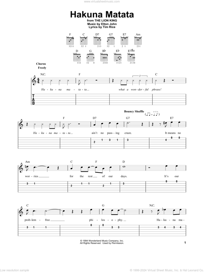 Hakuna Matata (from The Lion King) sheet music for guitar solo (easy tablature) by Elton John and Tim Rice, easy guitar (easy tablature)