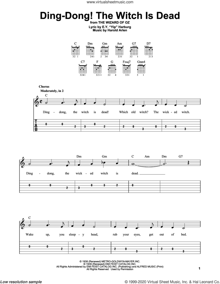 Ding-Dong! The Witch Is Dead (from The Wizard Of Oz) sheet music for guitar solo (easy tablature) by Harold Arlen and E.Y. Harburg, easy guitar (easy tablature)