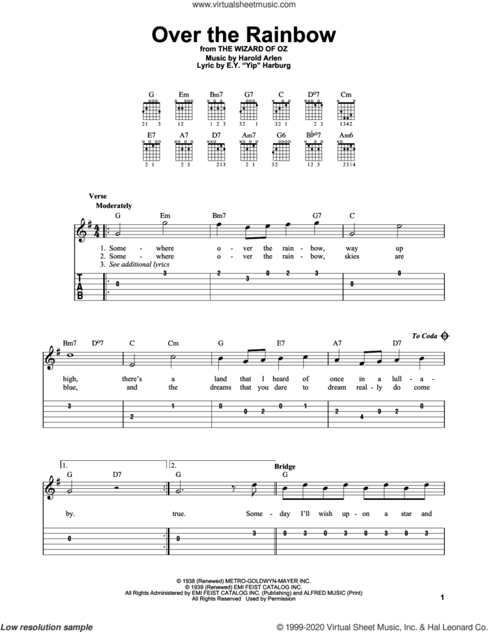 Over The Rainbow (from The Wizard Of Oz) sheet music for guitar solo (easy tablature) by Harold Arlen and E.Y. Harburg, easy guitar (easy tablature)