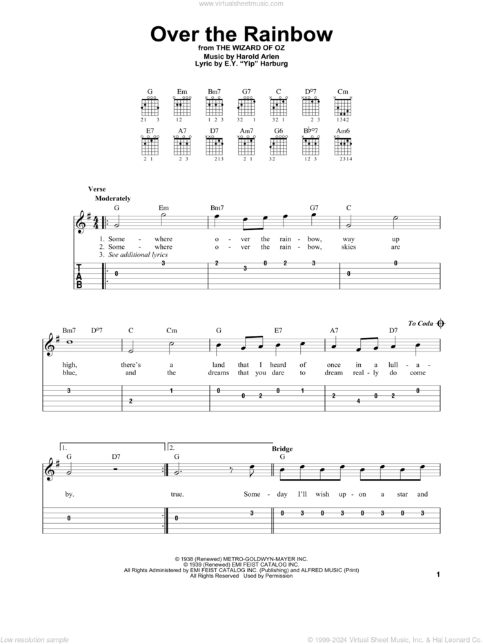 Over The Rainbow (from The Wizard Of Oz) sheet music for guitar solo (easy tablature) by Harold Arlen and E.Y. Harburg, easy guitar (easy tablature)