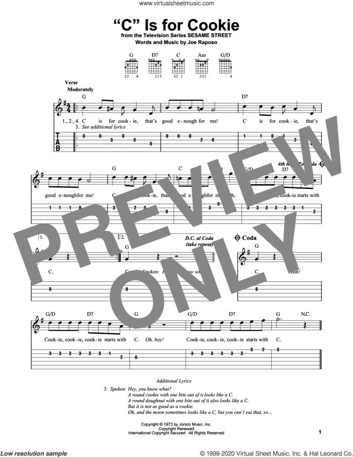 'C' Is For Cookie sheet music for guitar solo (easy tablature) by The Cookie Monster and Joe Raposo, easy guitar (easy tablature)