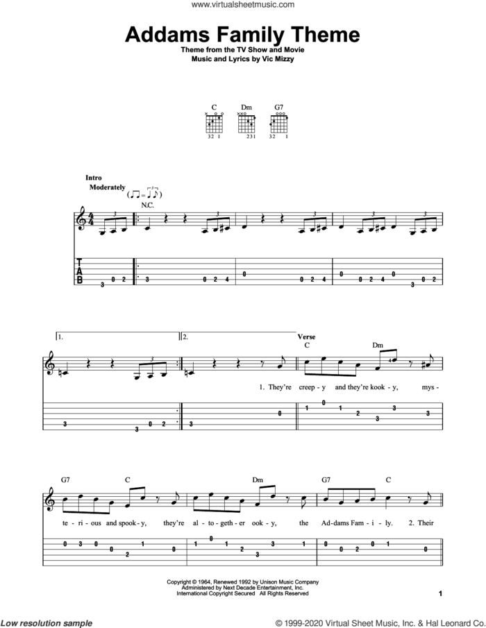 Addams Family Theme sheet music for guitar solo (easy tablature) by Vic Mizzy, easy guitar (easy tablature)