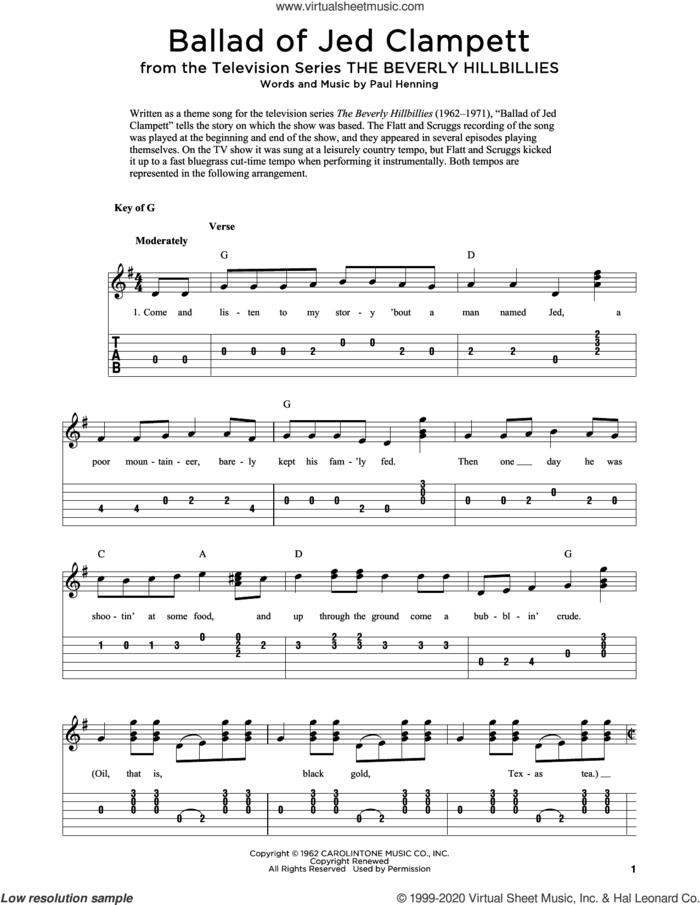 Ballad Of Jed Clampett (from The Beverly Hillbillies) (arr. Fred Sokolow) sheet music for guitar solo by Lester Flatt & Earl Scruggs, Fred Sokolow and Paul Henning, intermediate skill level