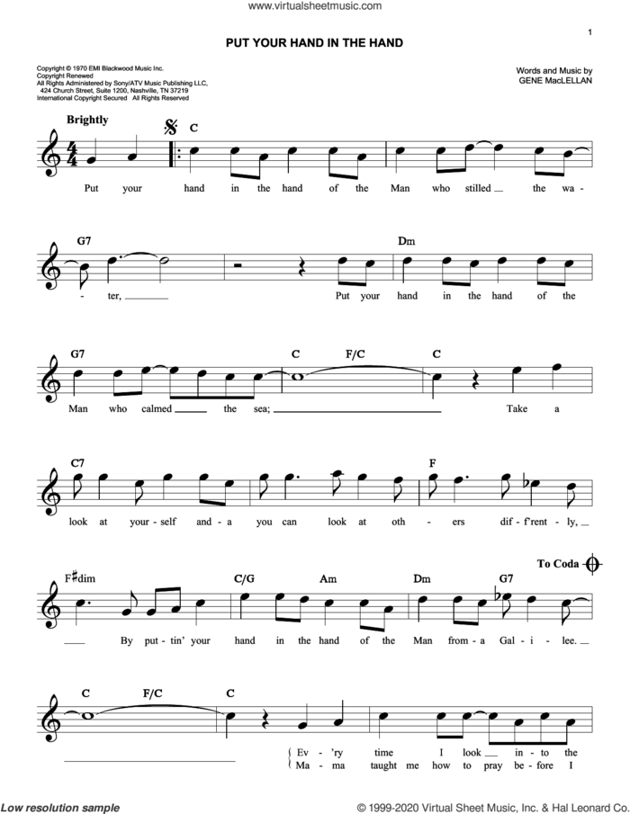Put Your Hand In The Hand sheet music for voice and other instruments (fake book) by Gene MacLellan and MacLellan and Ocean, easy skill level