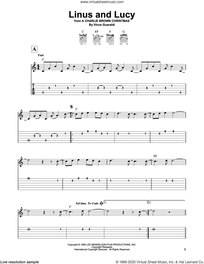 Linus And Lucy sheet music for guitar solo (easy tablature) by Vince Guaraldi, easy guitar (easy tablature)