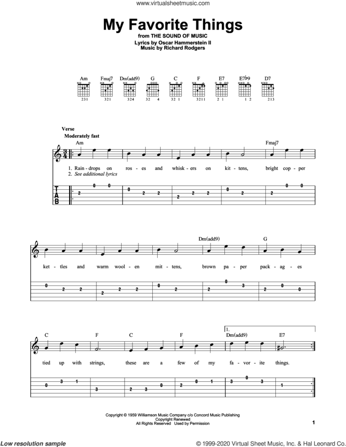 My Favorite Things (from The Sound Of Music) sheet music for guitar solo (easy tablature) by Richard Rodgers, Oscar II Hammerstein and Rodgers & Hammerstein, easy guitar (easy tablature)