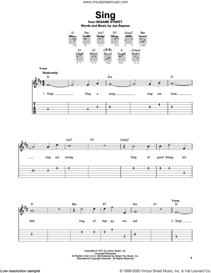 Sing sheet music for guitar solo (easy tablature) by Carpenters and Joe Raposo, easy guitar (easy tablature)