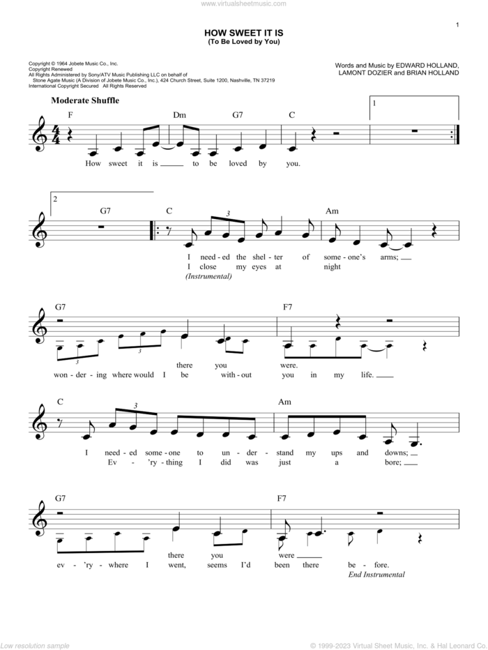 How Sweet It Is (To Be Loved By You) sheet music for voice and other instruments (fake book) by Marvin Gaye, James Taylor, Brian Holland, Eddie Holland and Lamont Dozier, intermediate skill level