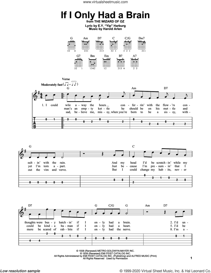 If I Only Had A Brain (from The Wizard Of Oz) sheet music for guitar solo (easy tablature) by Harold Arlen and E.Y. Harburg, easy guitar (easy tablature)