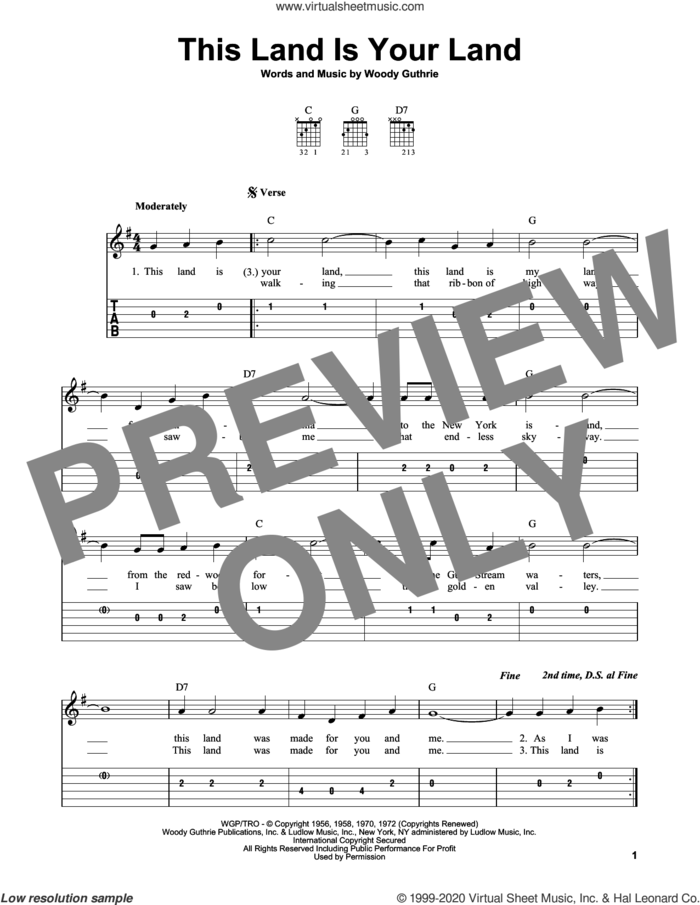 This Land Is Your Land sheet music for guitar solo (easy tablature) by Woody Guthrie, easy guitar (easy tablature)