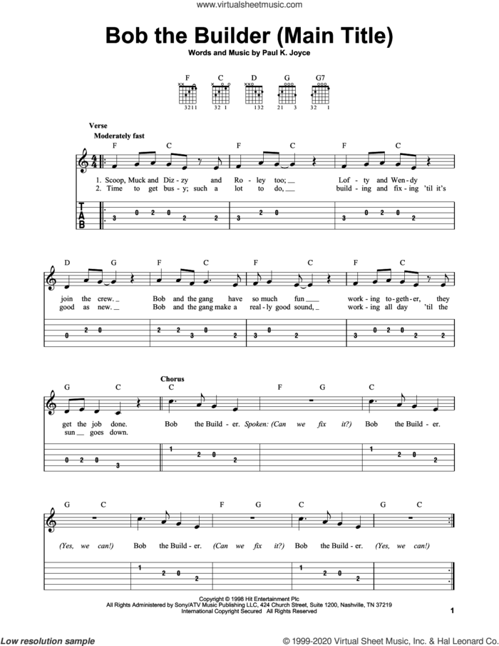 Bob The Builder (Main Title) sheet music for guitar solo (easy tablature) by Paul K. Joyce, easy guitar (easy tablature)